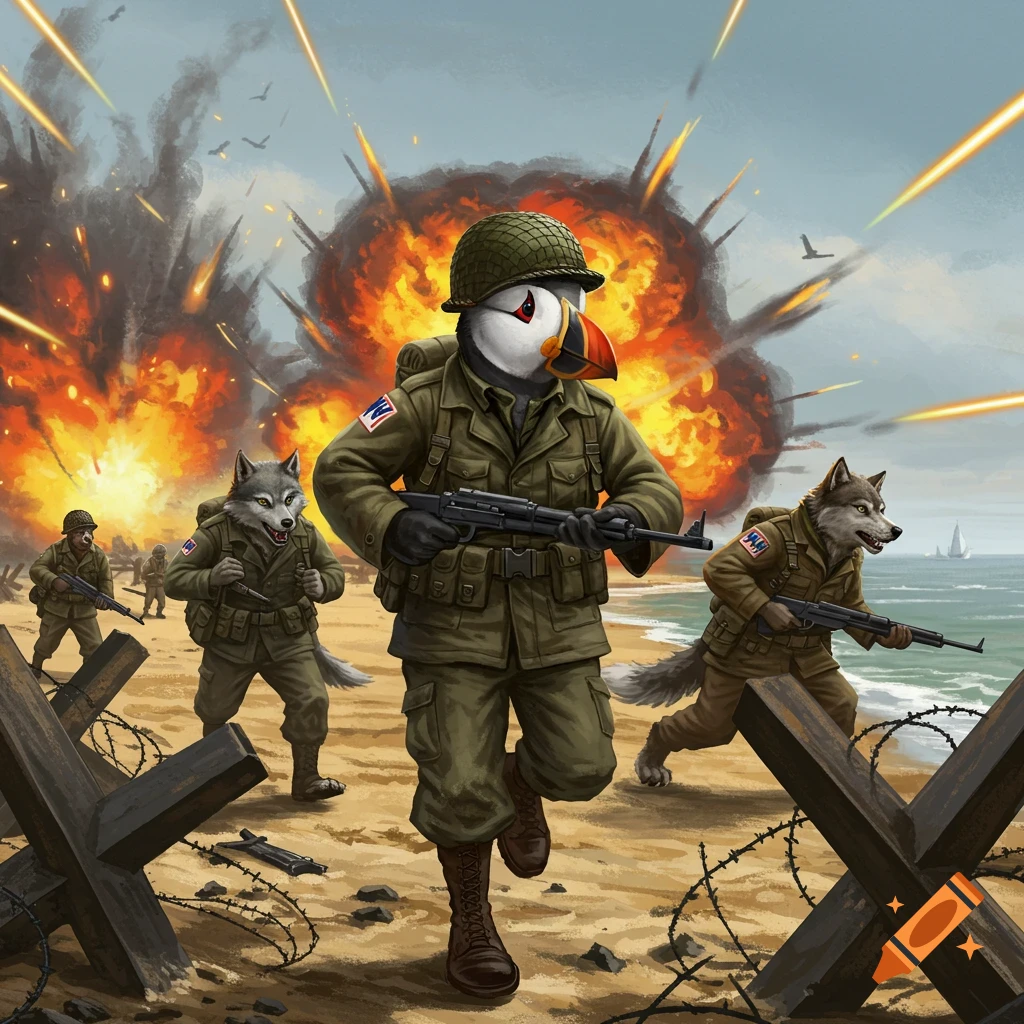 A puffin and wolves in US military uniforms run on a beach during a battle with explosions and gunfire.