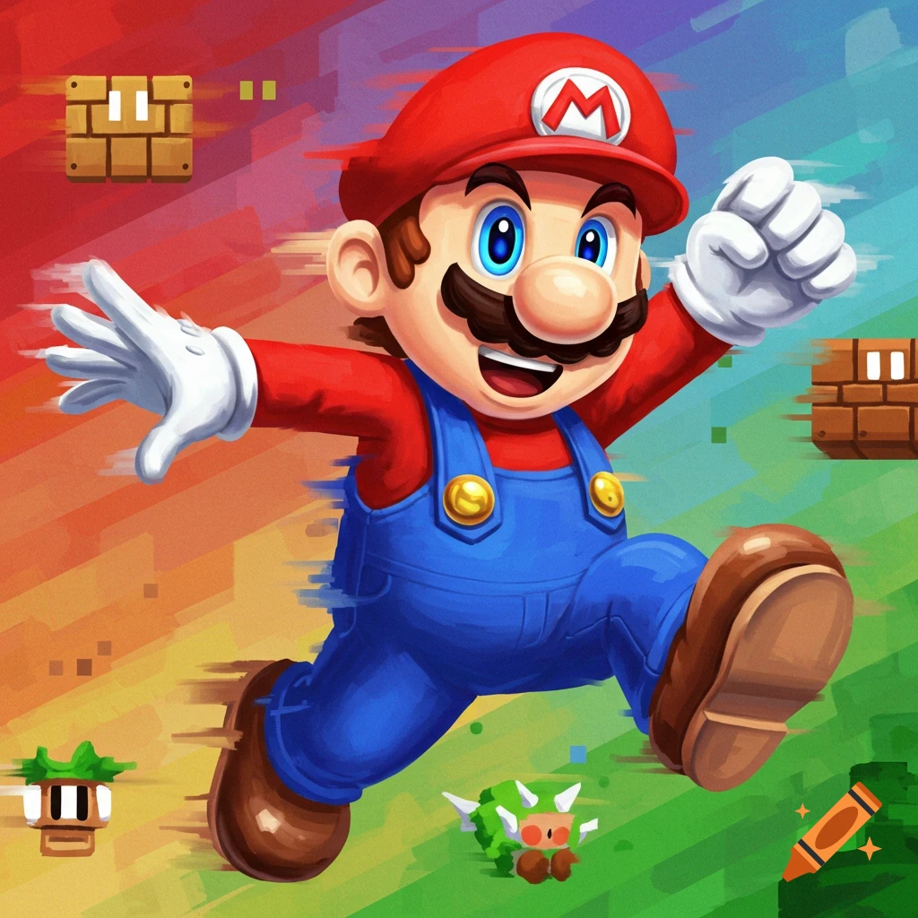 Mario is running in a colorful, pixelated landscape filled with blocks and enemies.