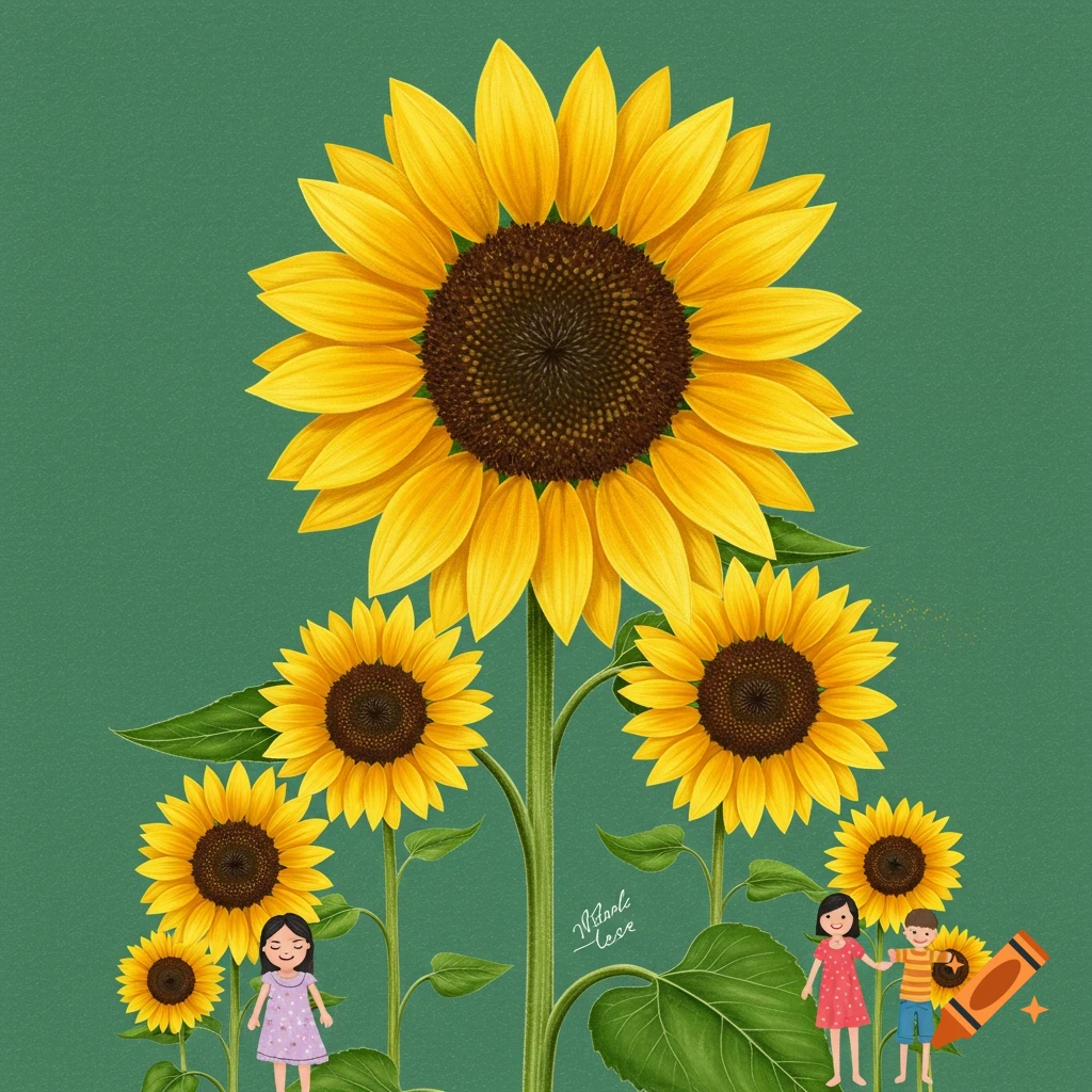 Digital illustration of large and small sunflowers with two small children standing among them.