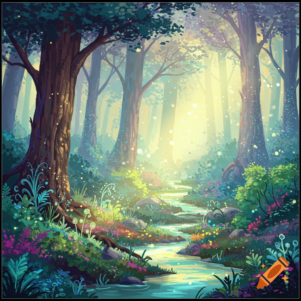 A vibrant, glowing image of a stream flowing through a fantasy forest.