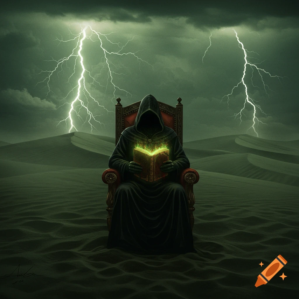 A hooded figure reads a glowing book on a throne in a stormy desert with lightning.