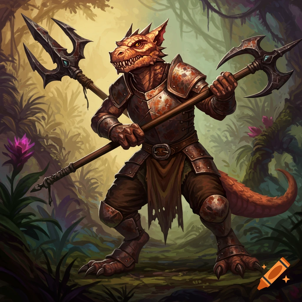 An image of a kobold warrior in armor holding two polearms in a jungle setting.