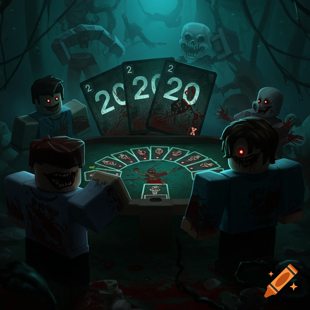 Roblox zombie characters playing a card game, in a dark horror style.