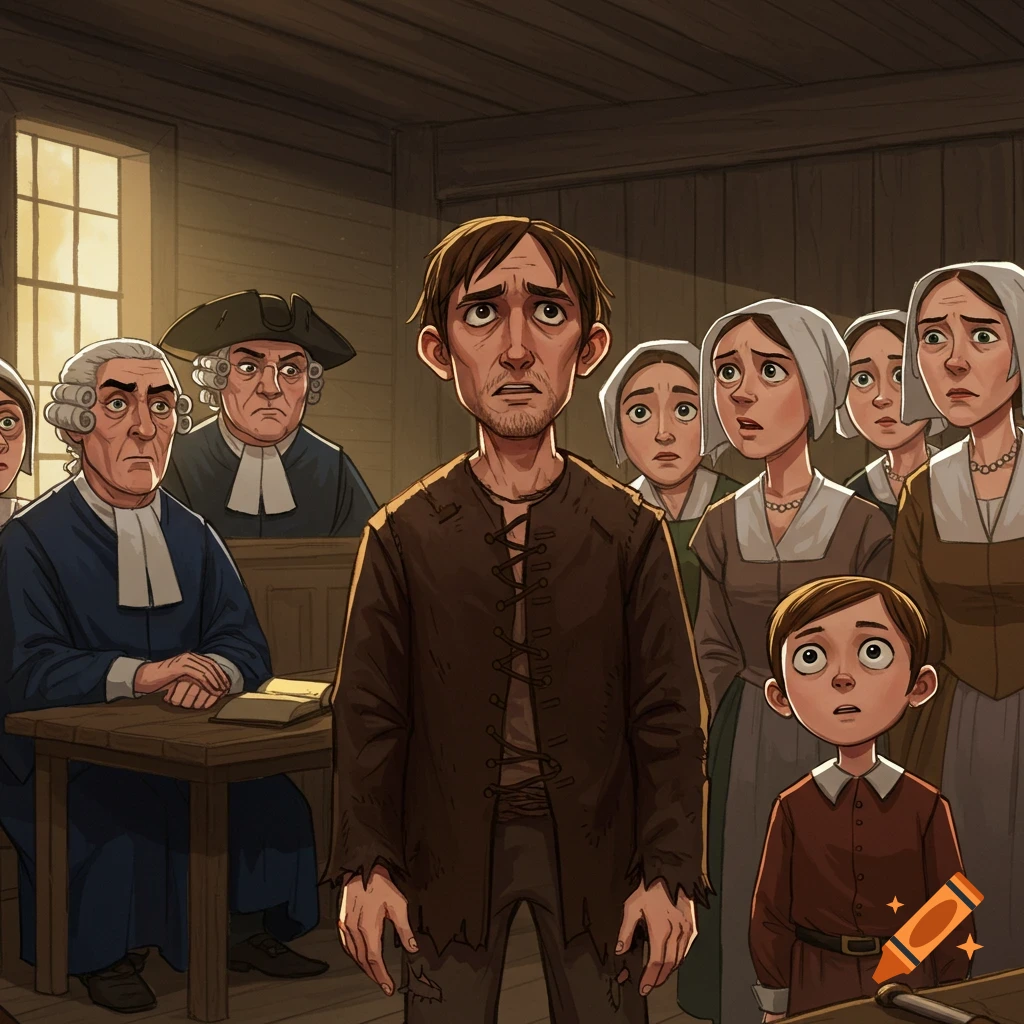 Cartoonish image of a distressed man standing in a 17th-century courtroom surrounded by watchful people.