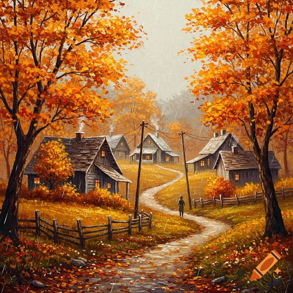 Painterly autumn village scene in the rain with falling leaves.