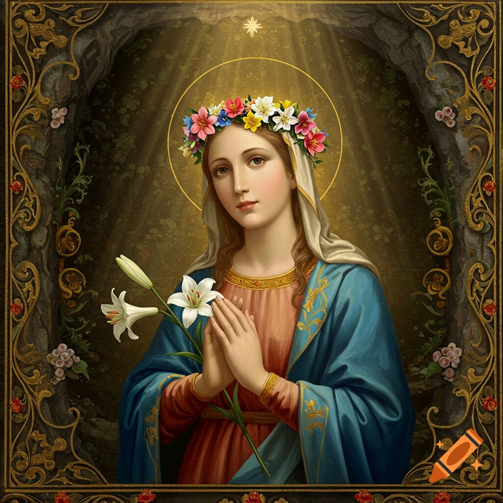 Mary with a flower crown, holding lilies, hands clasped in prayer, in a grotto.