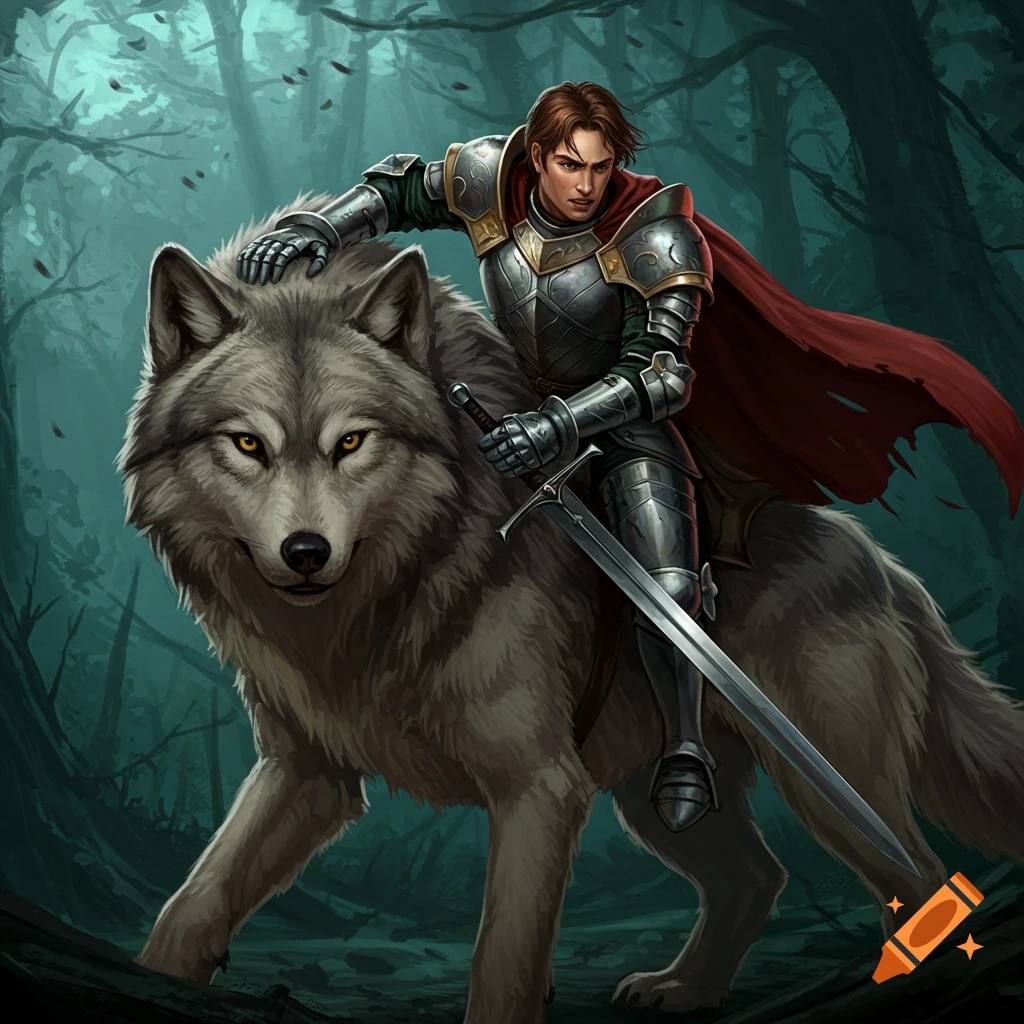 A knight in armor rides a large wolf through a dark forest.