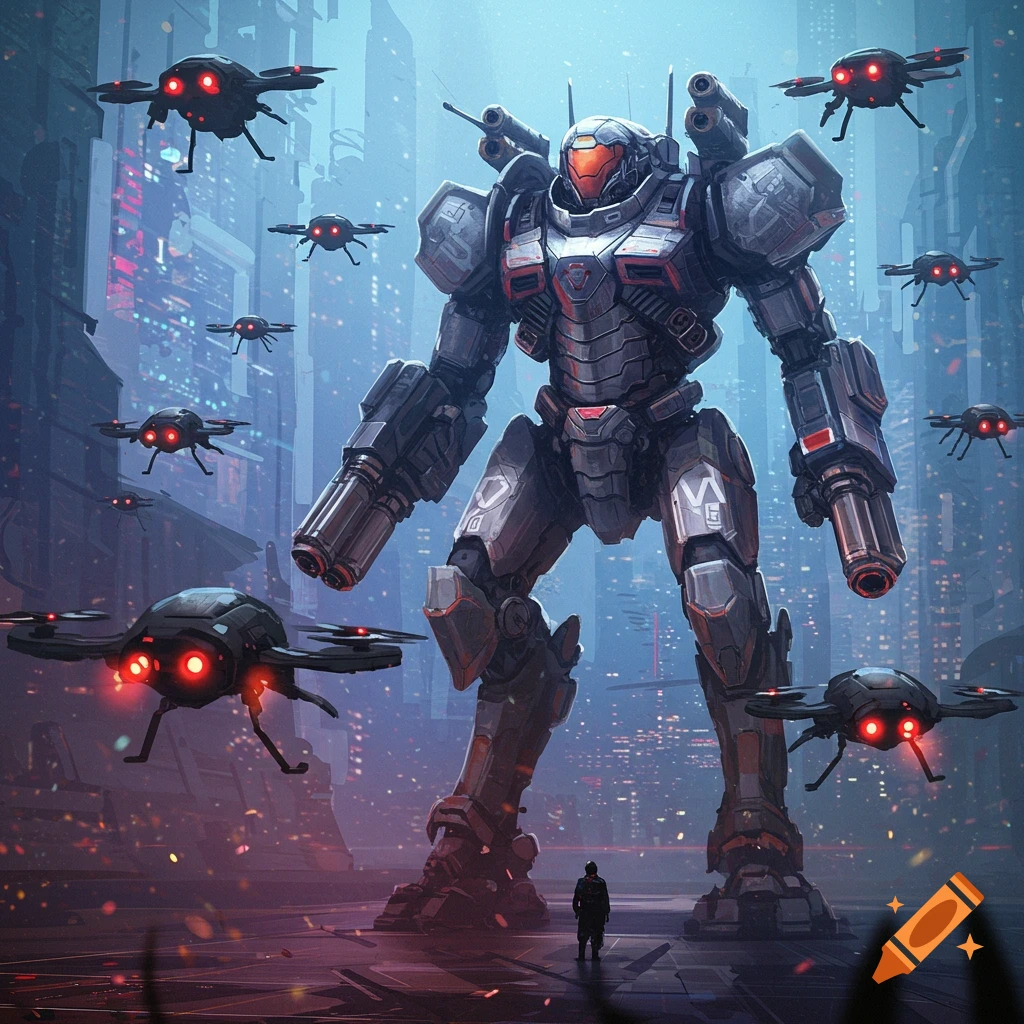 A large mech and drones in a ruined city street.