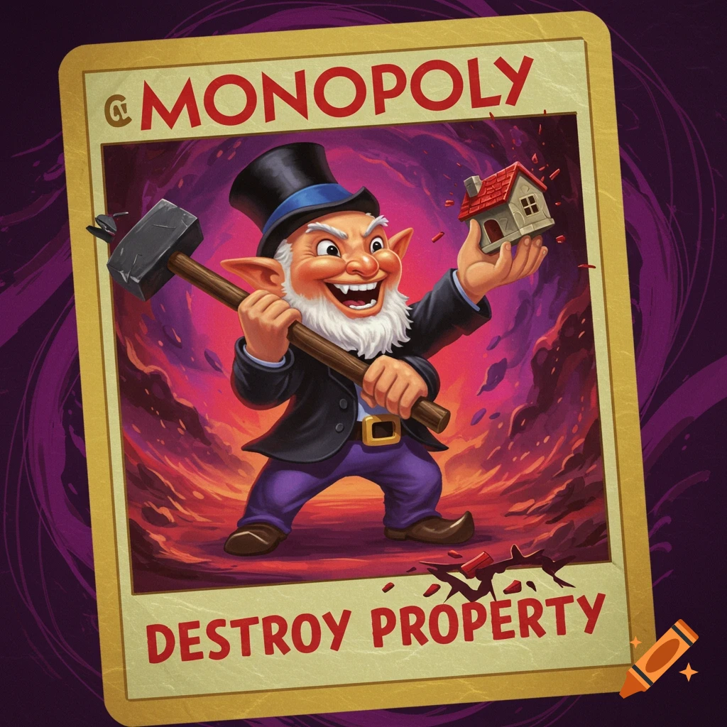 A smiling, goblin-like character in a top hat smashes a small house with a hammer on a game card labeled "MONOPOLY DESTROY PROPERTY".