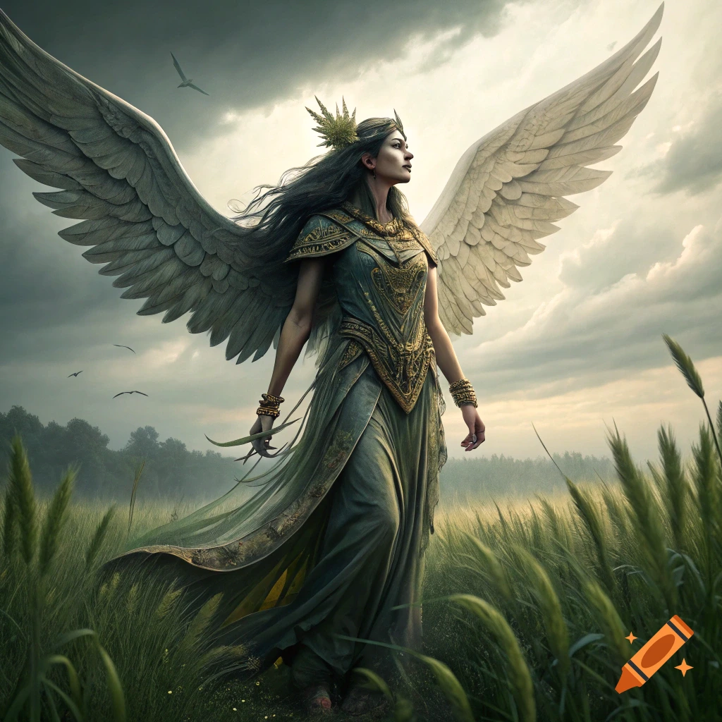 A figure with large wings and elaborate clothing stands in a field of tall grass under a cloudy sky.