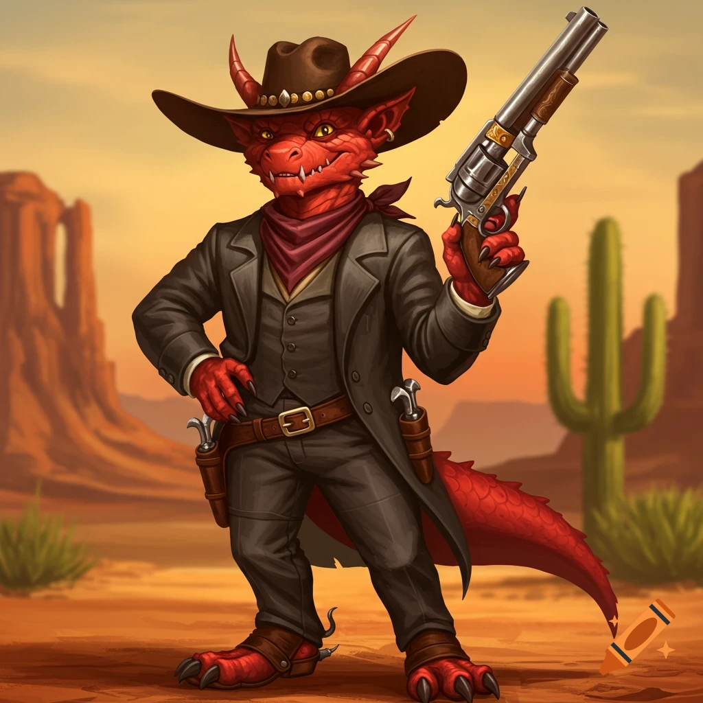A red, dragon-like creature in a cowboy hat and suit holds a pistol in a desert landscape.