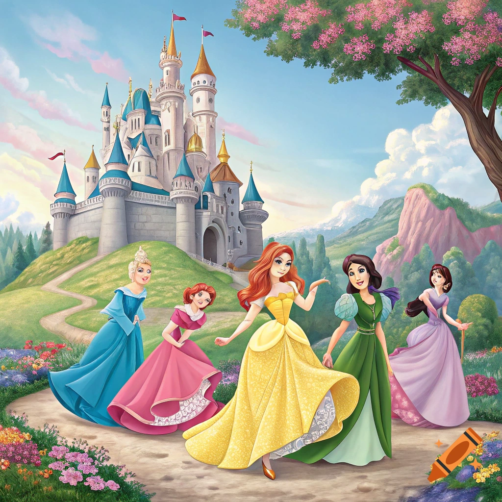 Five cartoon princesses stand on a winding path leading up a hill towards a large castle. The princesses wear various colored gowns.