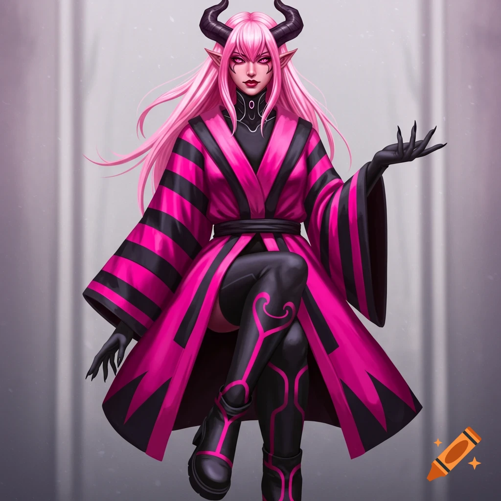 Pink-haired demon woman with black horns in striped pink and black robe and boots.