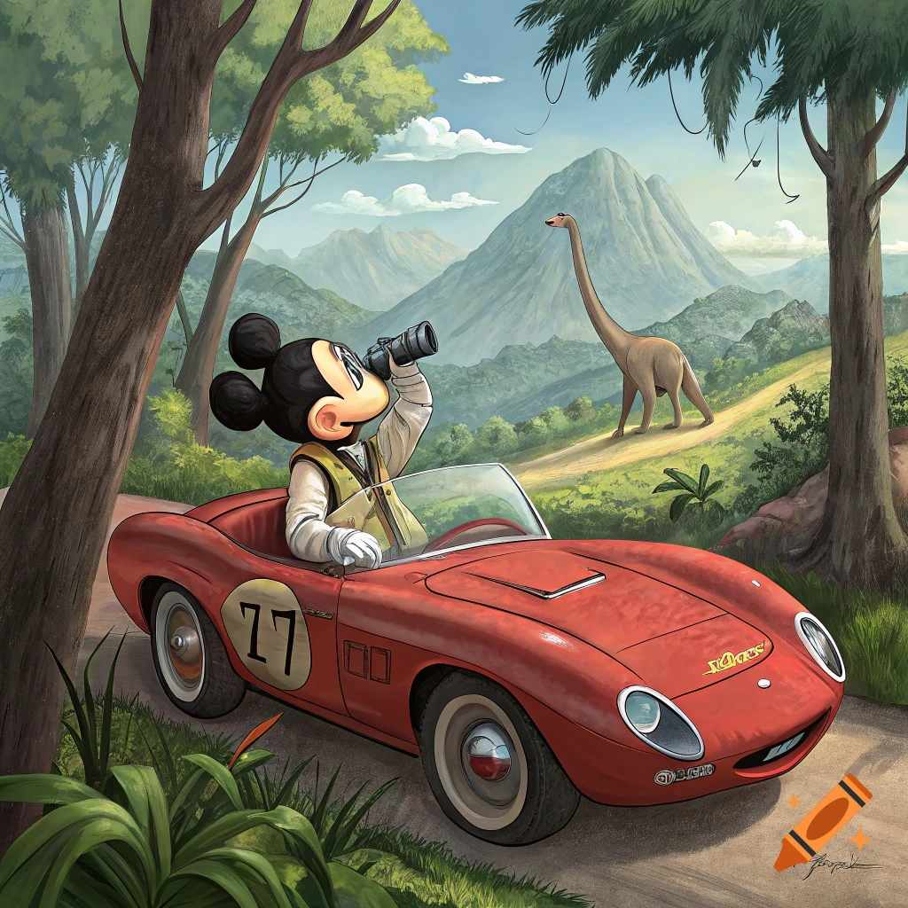 Mickey Mouse in a red convertible looks through binoculars at a Brachiosaurus in a lush, mountainous landscape.