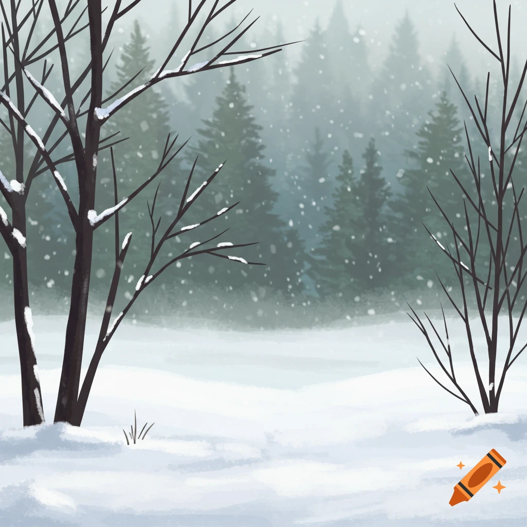 A snowy winter landscape with trees and falling snow.
