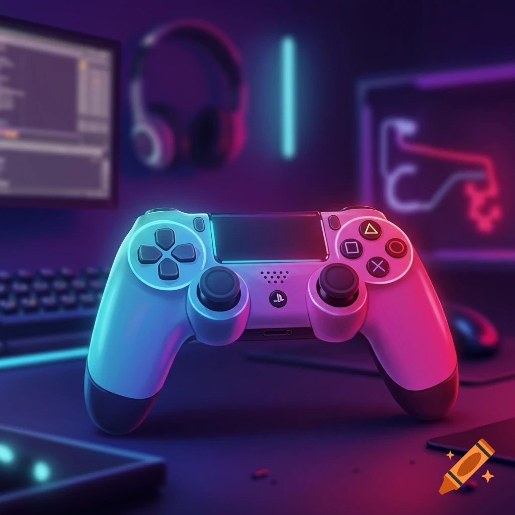 Blue and pink gaming controller on a desk in a neon-lit room with screens and headphones, digital art style.
