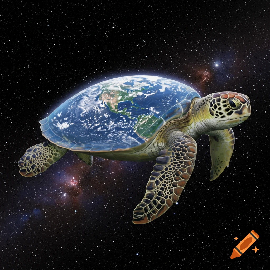 A sea turtle with the Earth for a shell floats in space.