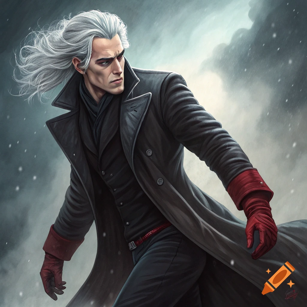 Man with white hair and black trench coat in snowy weather