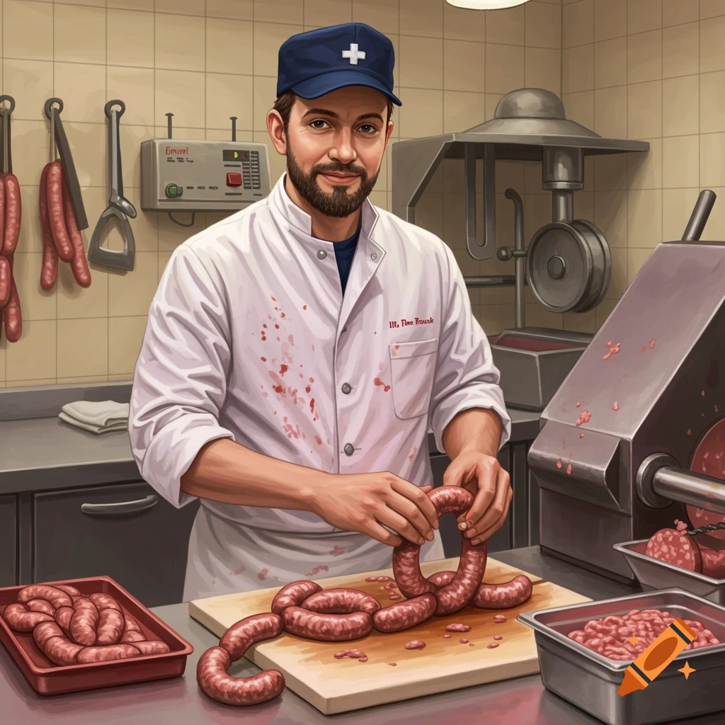 A butcher preparing sausage in a clean shop.