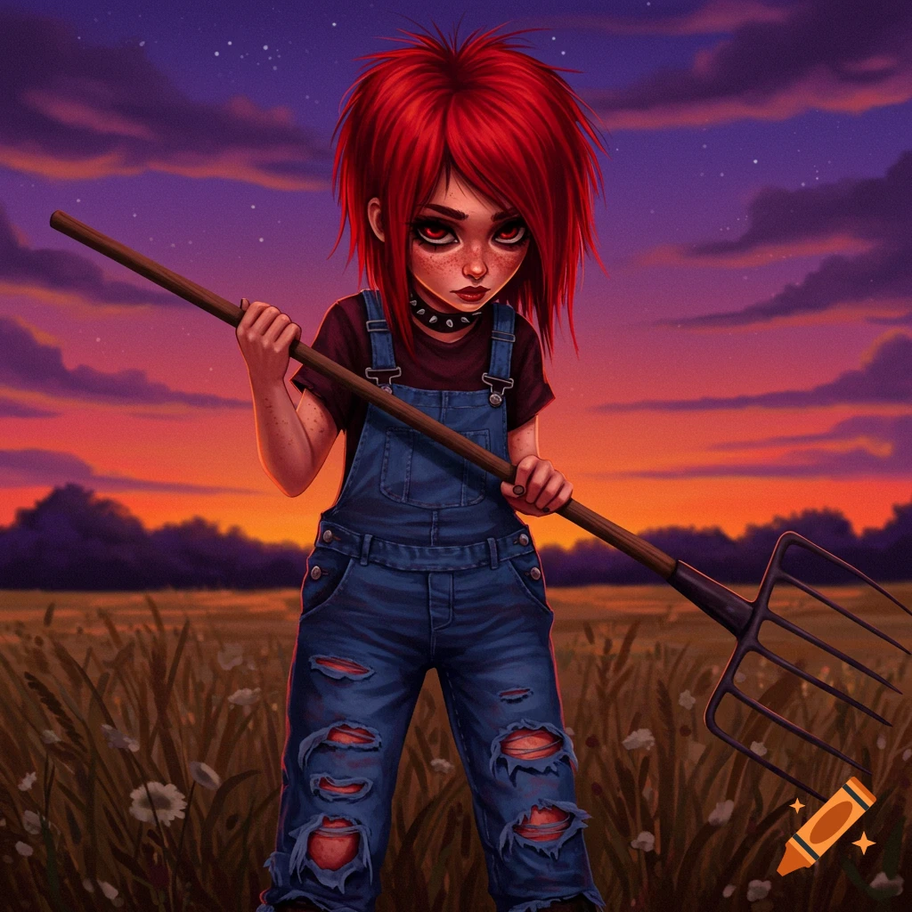 A red-haired girl in ripped overalls holds a pitchfork in a field at sunset.