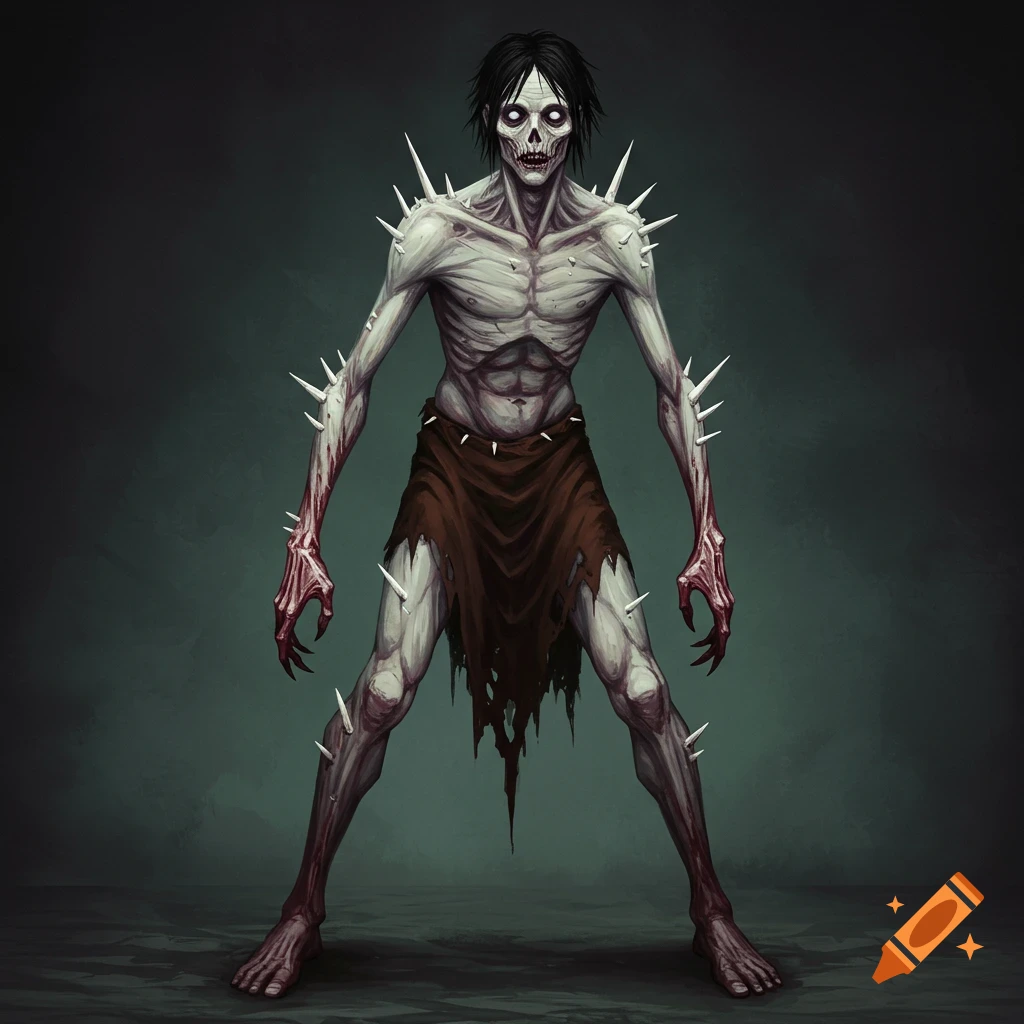 A gaunt, pale creature with spikes, twisted hands, and tattered clothing.