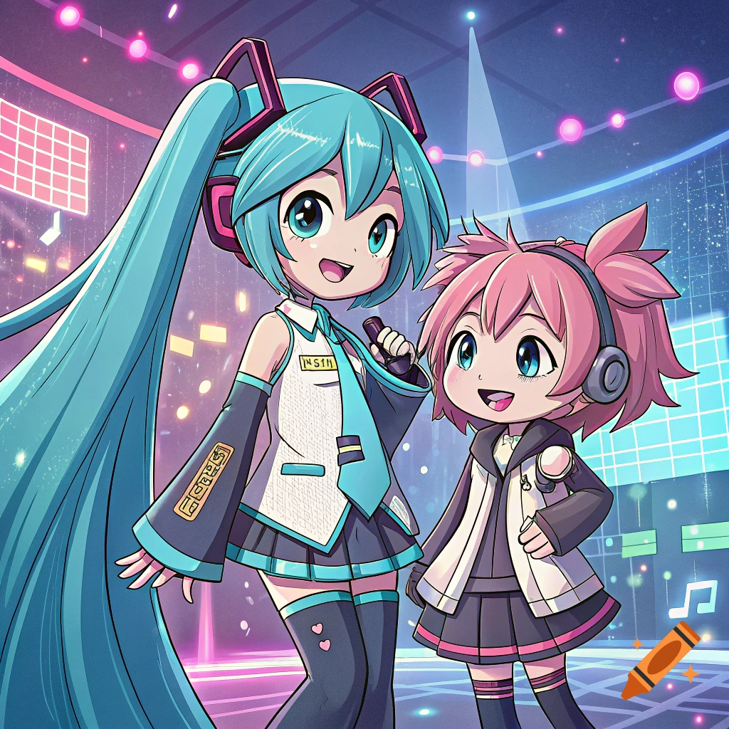 Anime girls performing on a stage with colorful lights.
