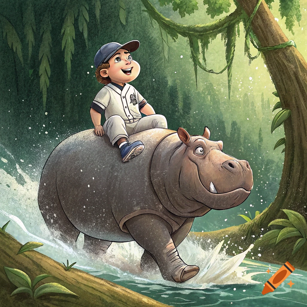 Cartoon illustration of a boy in a baseball uniform riding a hippo through water in a forest.