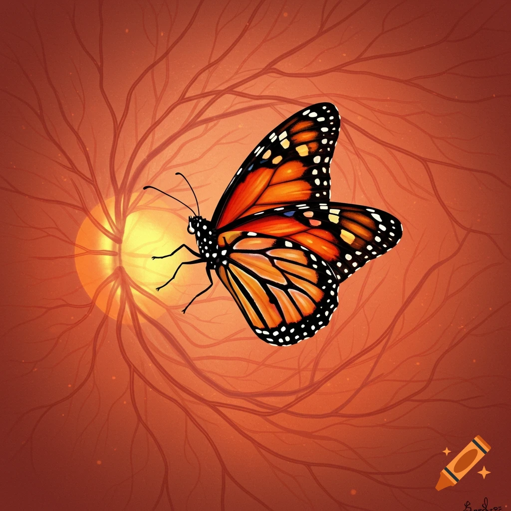 A monarch butterfly in front of a light source and branching patterns.