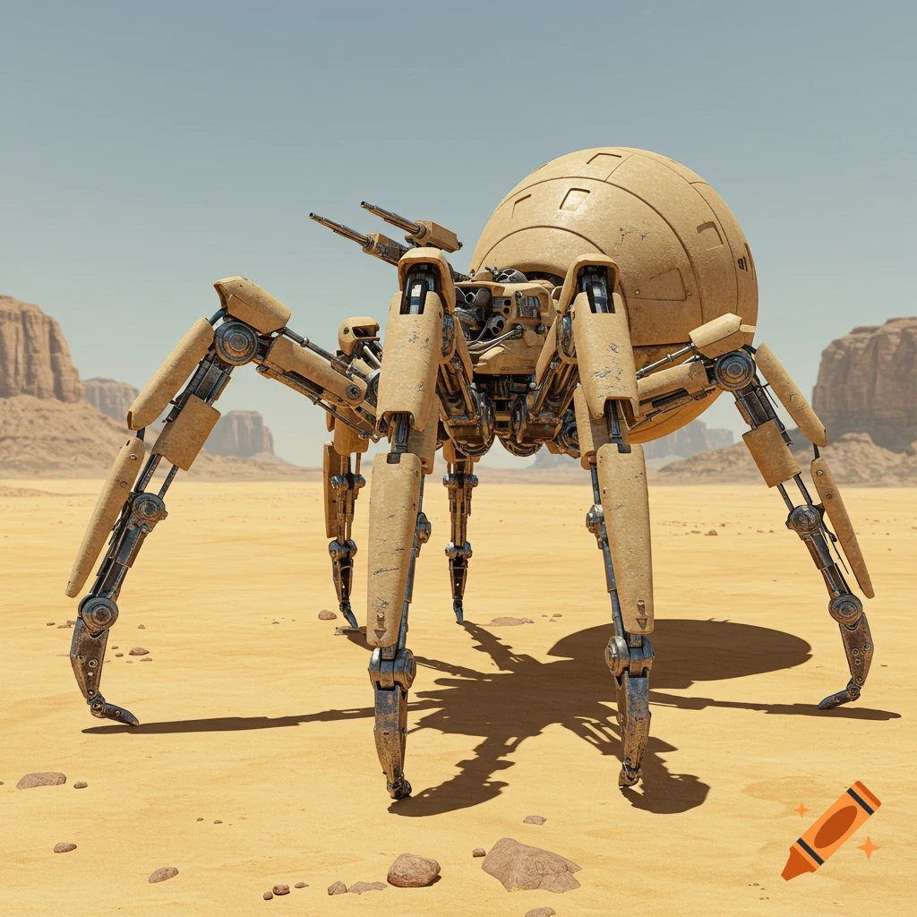 A large desert-colored robot spider stands in a sandy desert landscape under a clear sky.