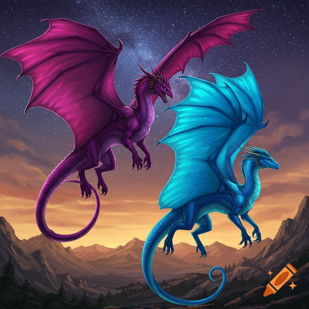 A purple dragon and a blue dragon flying over mountains under a starry, cloudy sky.