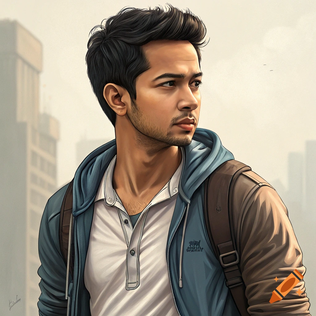Stylized portrait of a man in a blue hoodie and backpack looking right, with buildings in the background.