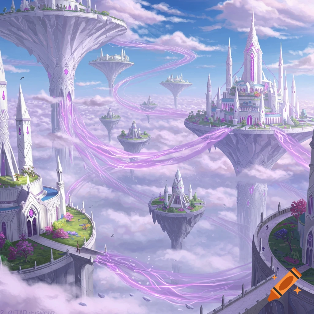 Fantasy floating cities connected by paths and glowing purple energy in a cloudy sky