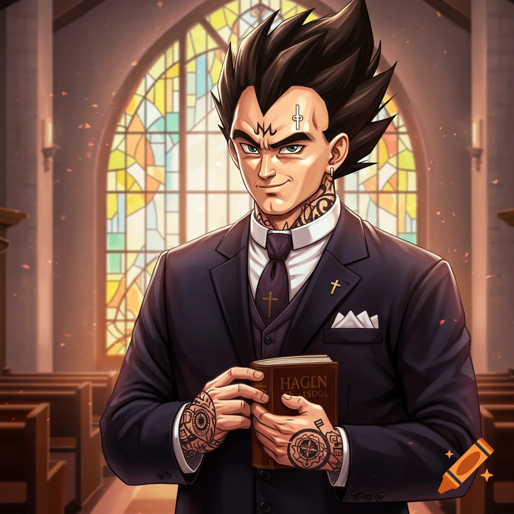 Anime character Vegeta as a tattooed pastor in a church, holding a book.