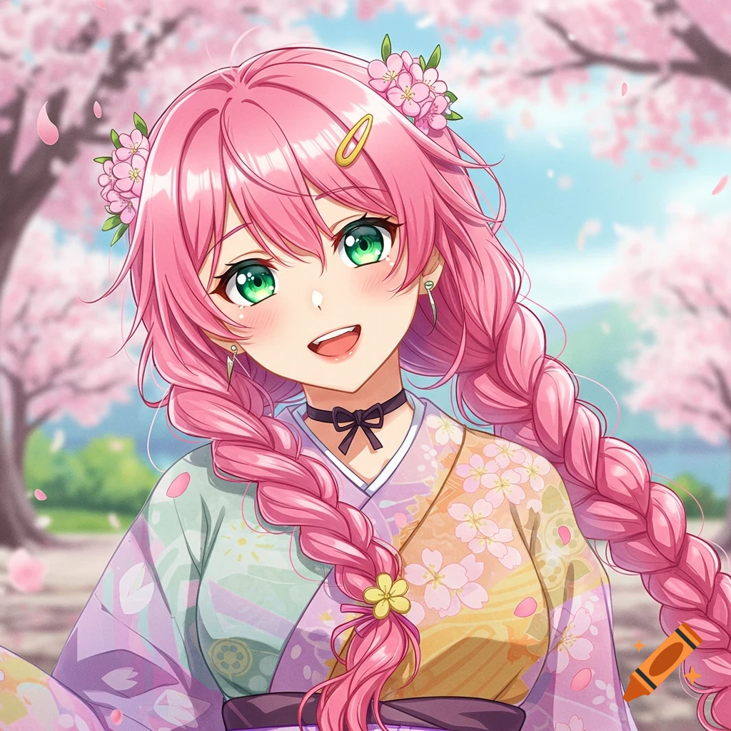 Anime girl with pink braided hair and kimono smiling in a cherry blossom park.