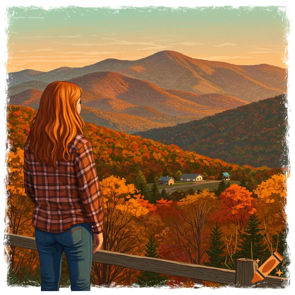 Painting of a woman looking at a colorful autumn mountain landscape with houses in the valley.