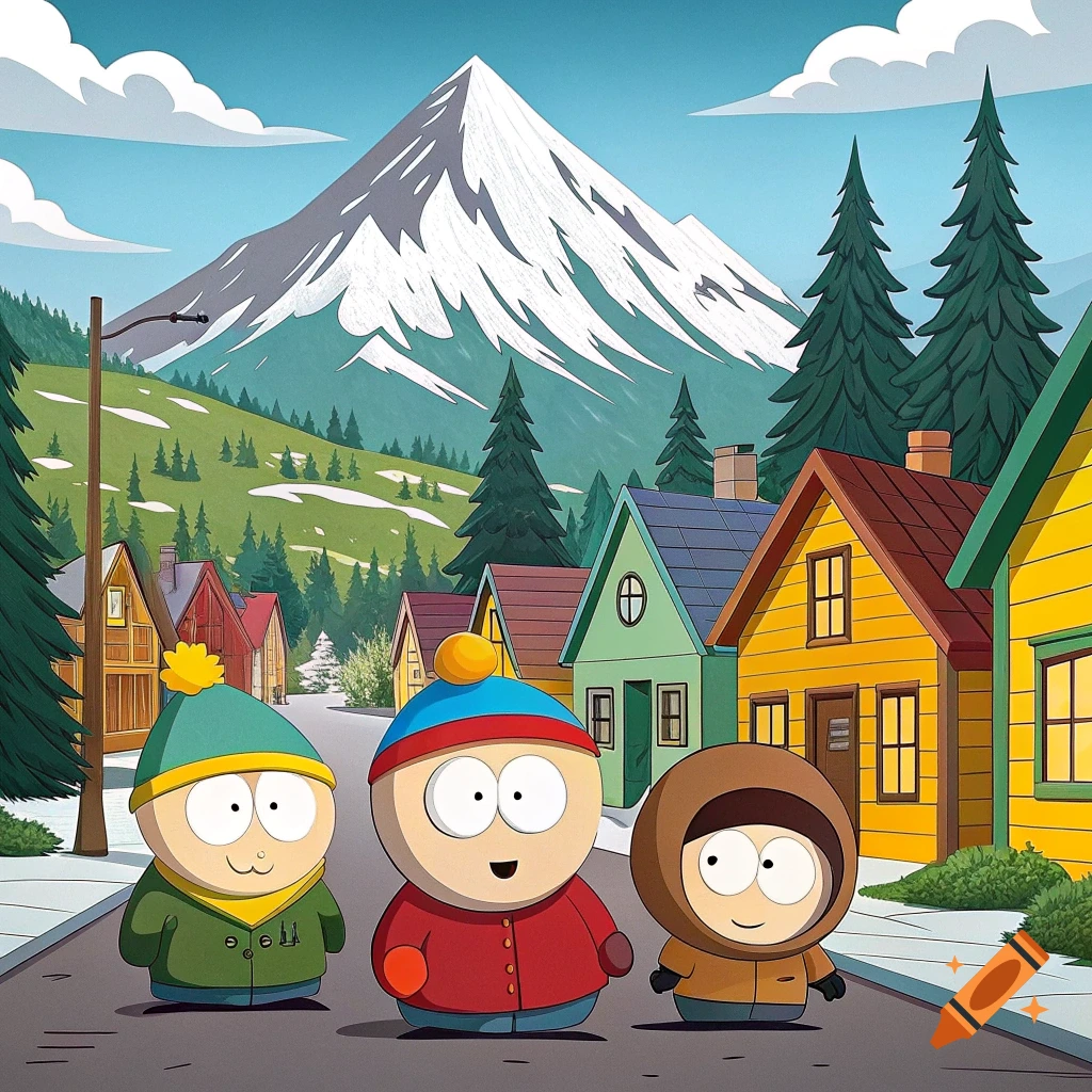 Cartoon characters resembling South Park characters stand on a street in front of colorful houses with a snowy mountain behind them.