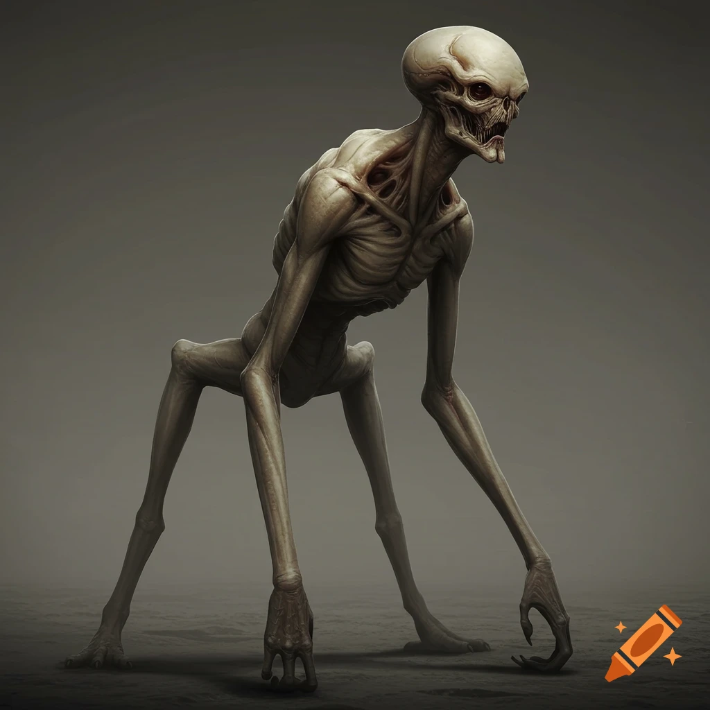 Detailed depiction of a skeletal humanoid creature standing in a foggy, dark environment.