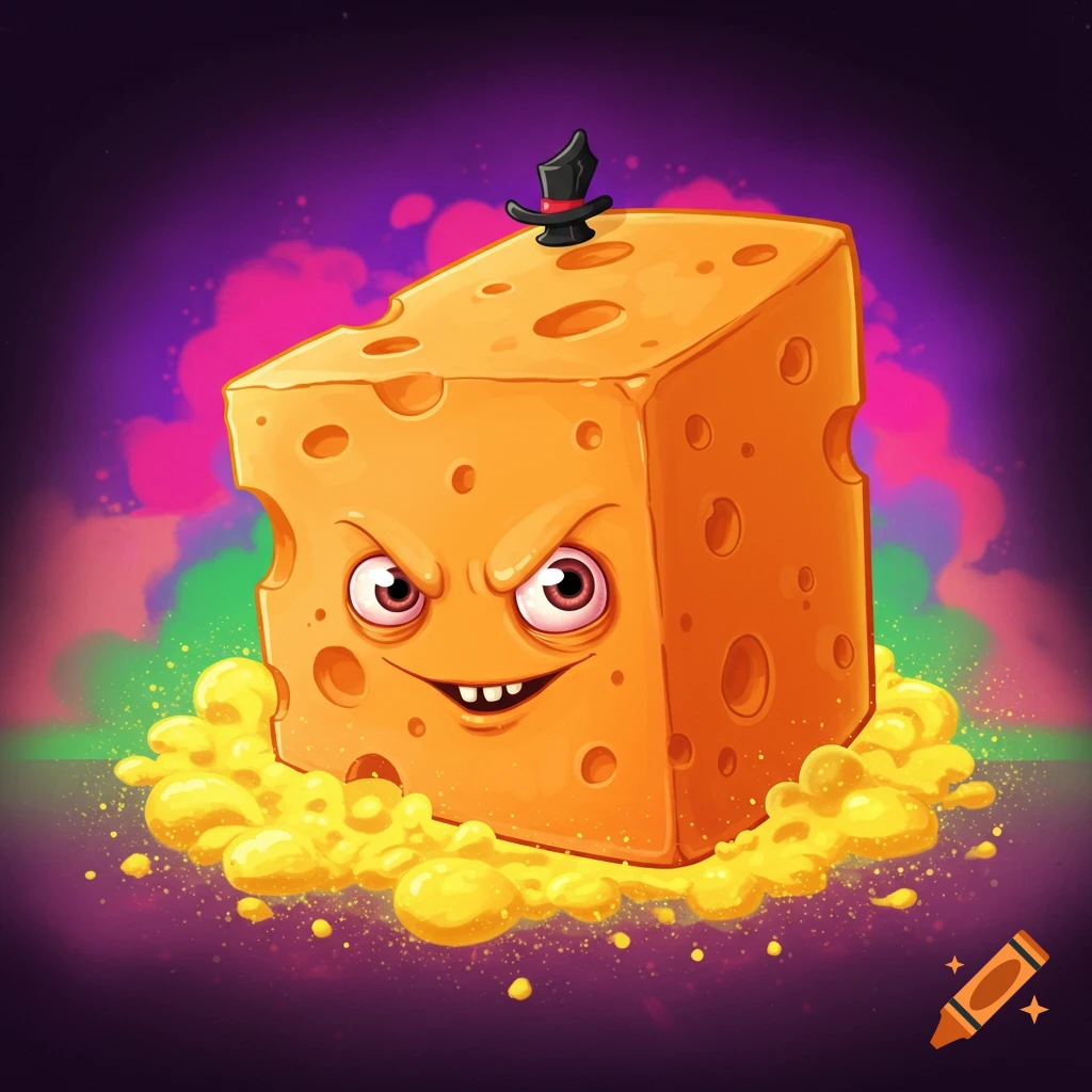 A cartoon block of cheese with a face, wearing a tiny top hat.
