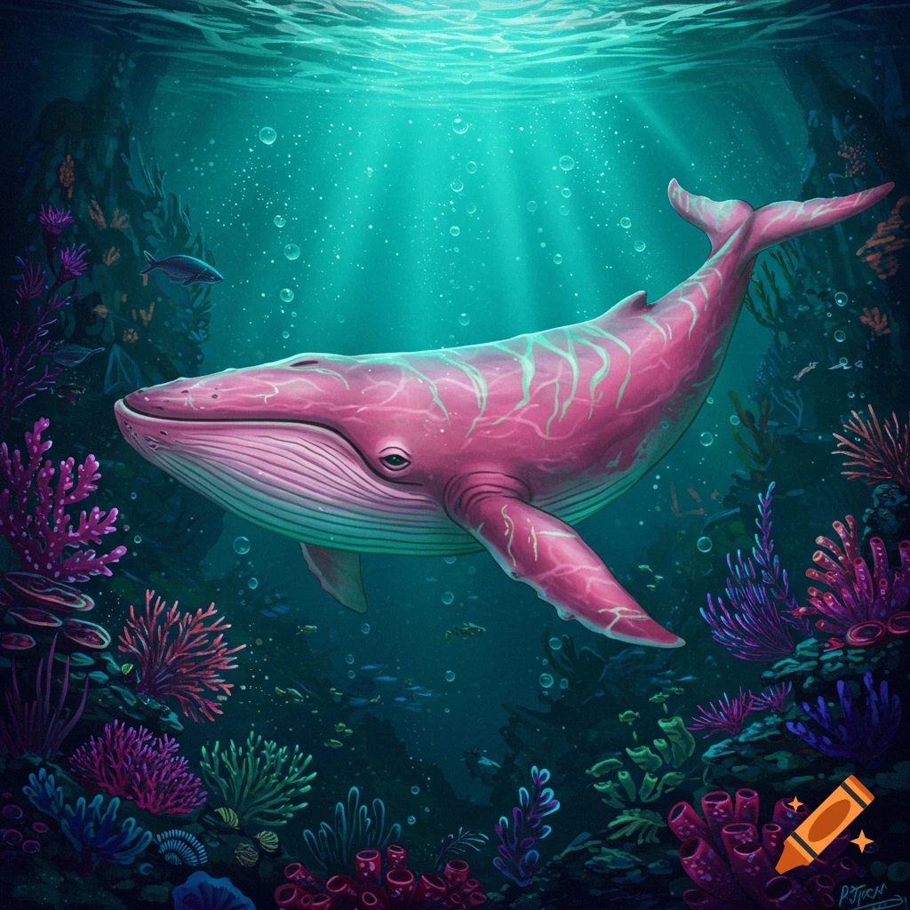 A pink and green fantasy whale swims in an underwater scene with colorful coral and sun rays filtering through the water.