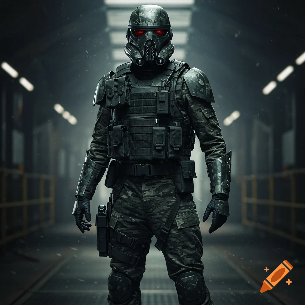 A soldier in dark military camouflage armor and helmet with red eyes stands in a dimly lit industrial hallway.