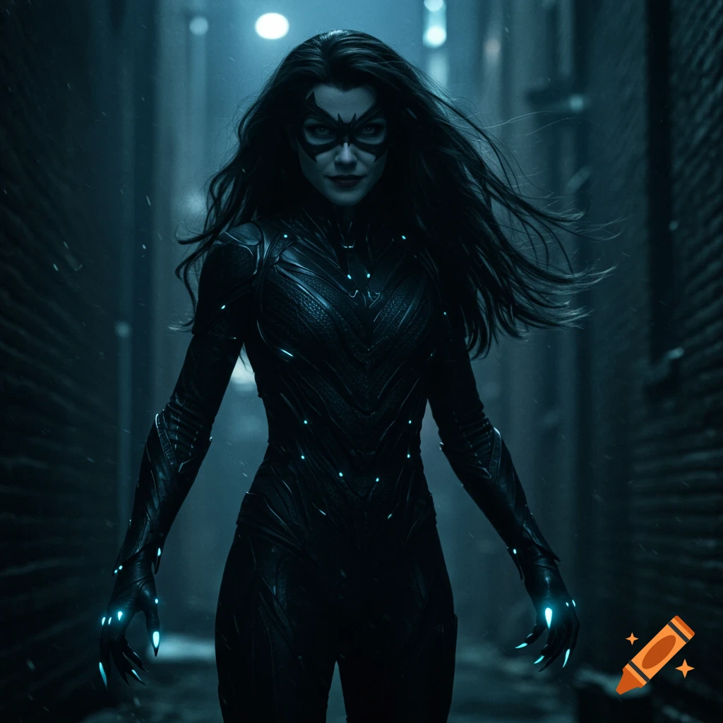 Woman in dark supervillain suit with glowing claws and mask stands in a dark urban alley.