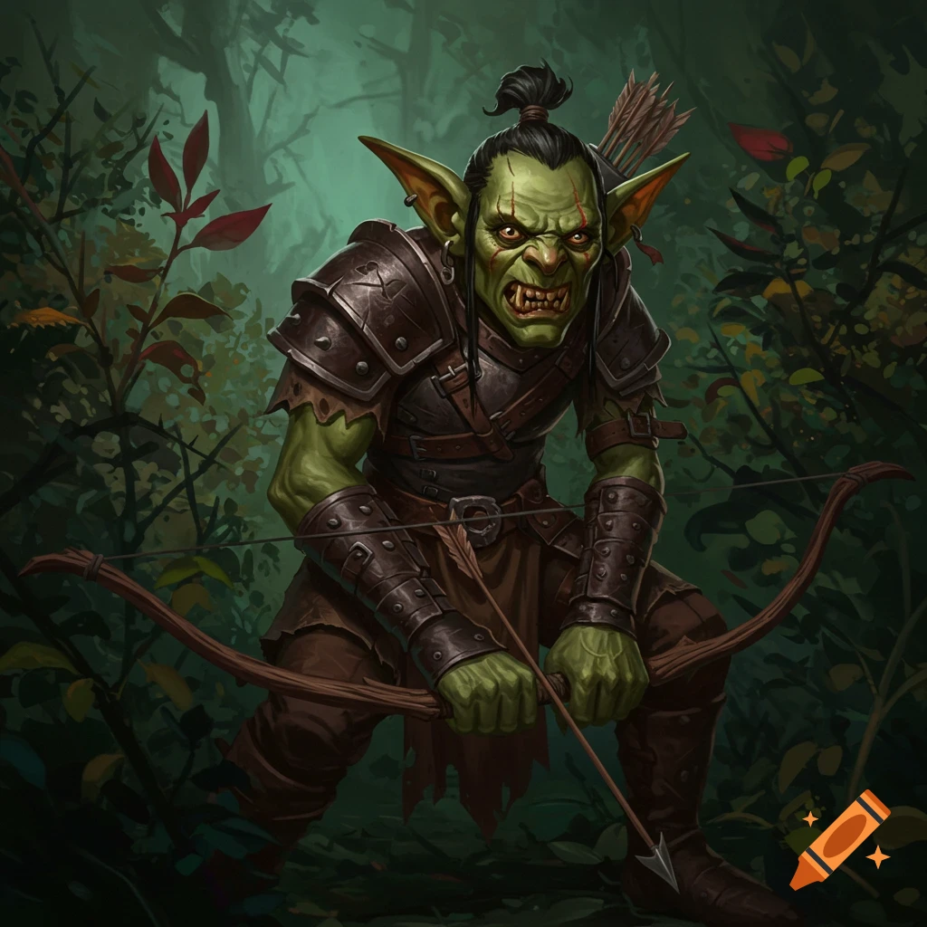 A green-skinned goblin archer in leather armor, holding a bow and arrow in a forest.