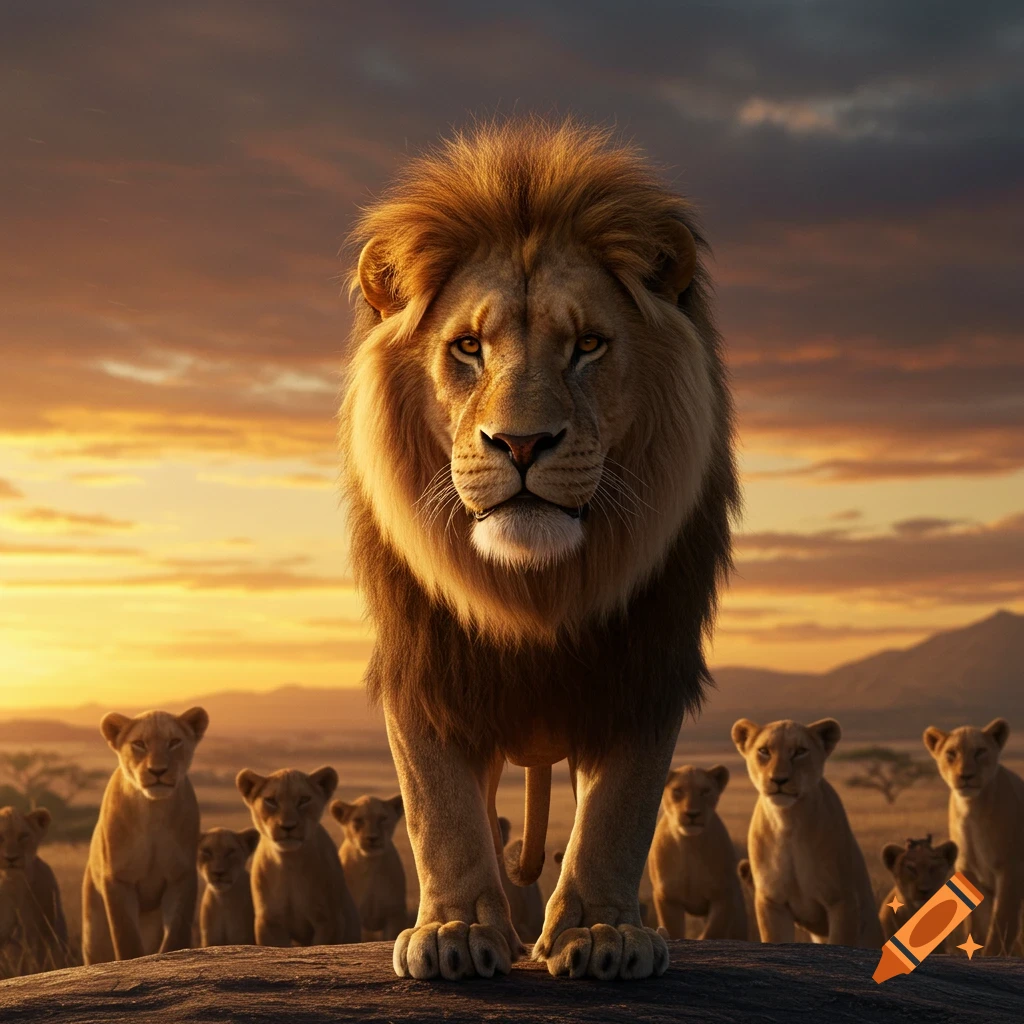 A majestic male lion stands on a rock at sunrise, leading his pride gathered behind him in the golden light.