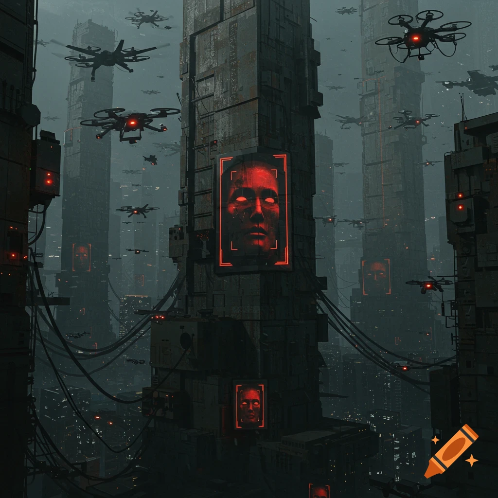 A dark dystopian cityscape with tall towers, flying drones, and facial scanning screens