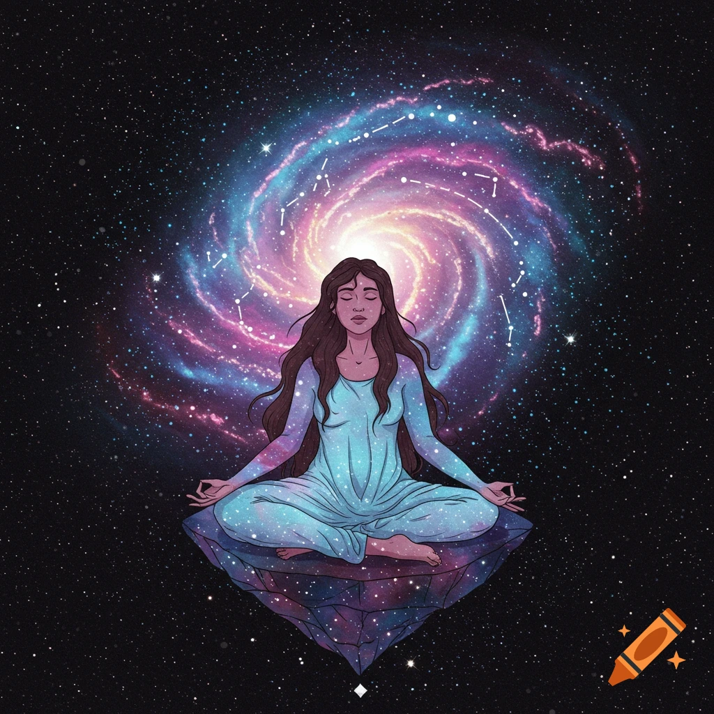 Illustration of a woman meditating while floating on a crystal in front of a swirling galaxy.
