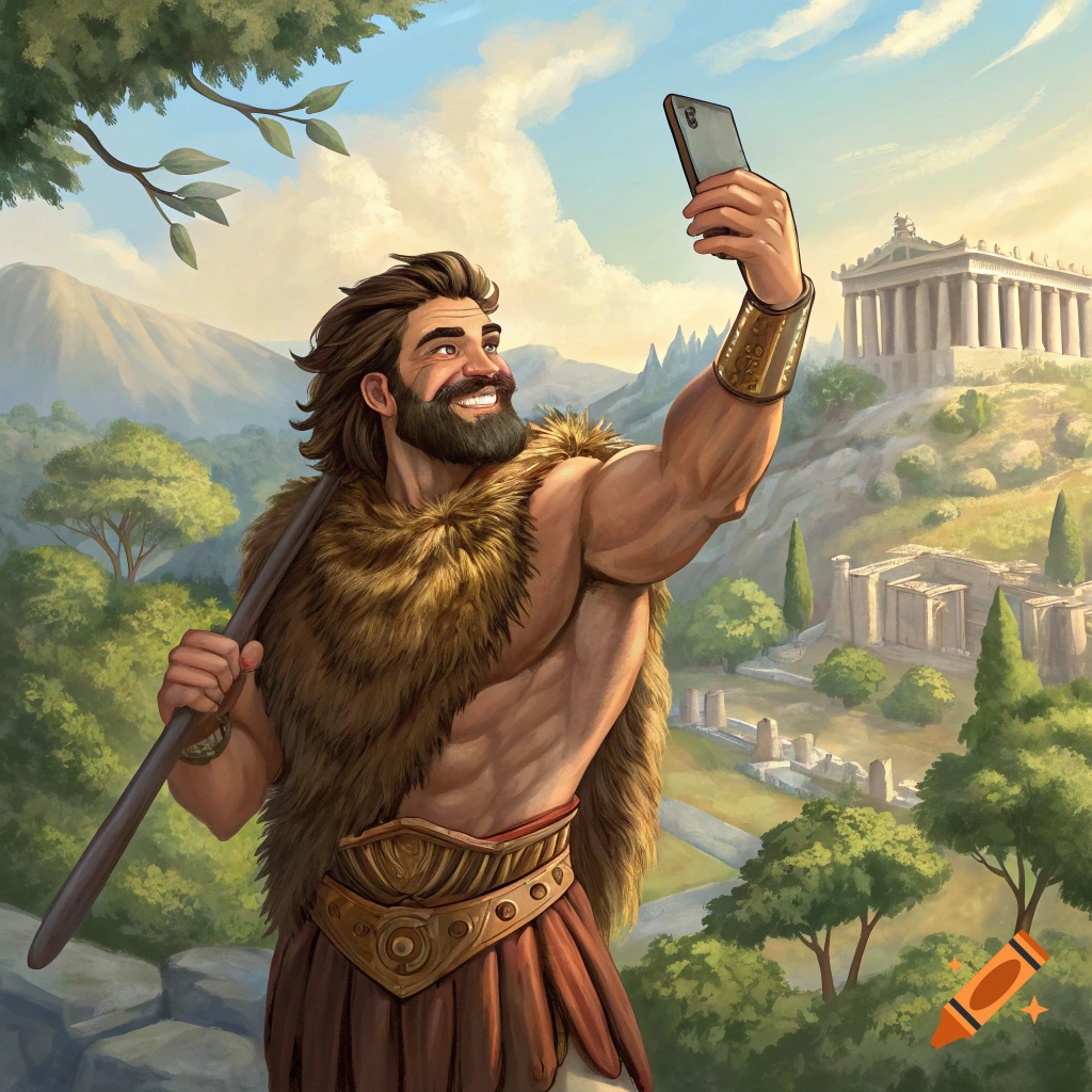 Hercules takes a selfie with a smartphone in an ancient Greek landscape overlooking temple ruins.