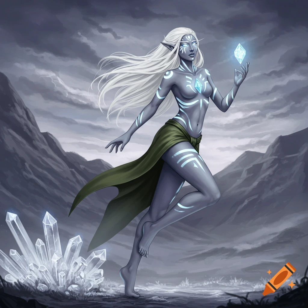 Fantasy elf with white hair and glowing body marks holds a crystal in a stormy mountain landscape.