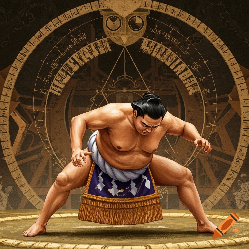 A sumo wrestler is depicted in a ready stance against an ornate, diagrammatic background.