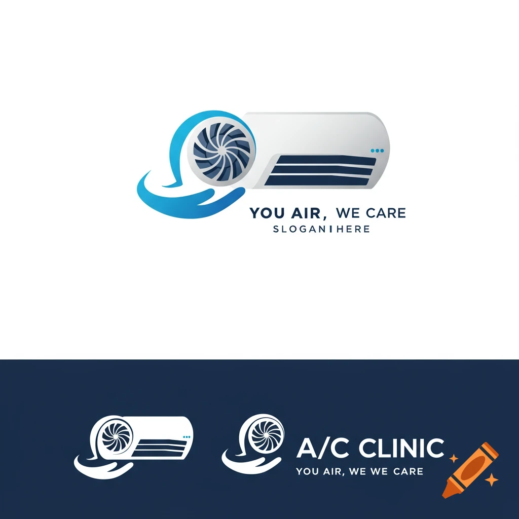 HVAC company logos featuring air conditioning units and airflow symbols with text 'A/C Clinic You Air, We Care'.