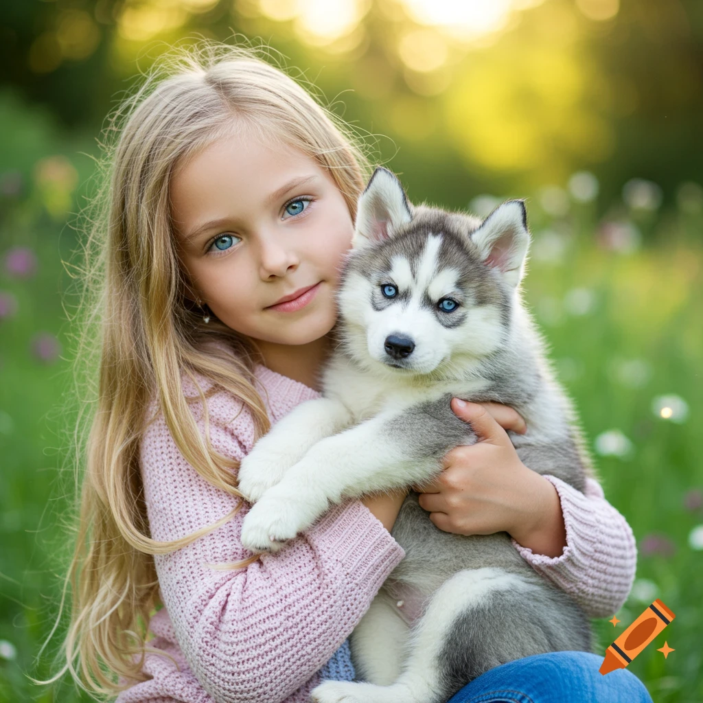 Young girl holding a fluffy husky puppy in a sunny park.